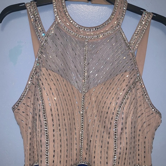 ROYAL BLUE AND CREAM WITH SILVER BEADING DRESS - Picture 3 of 4